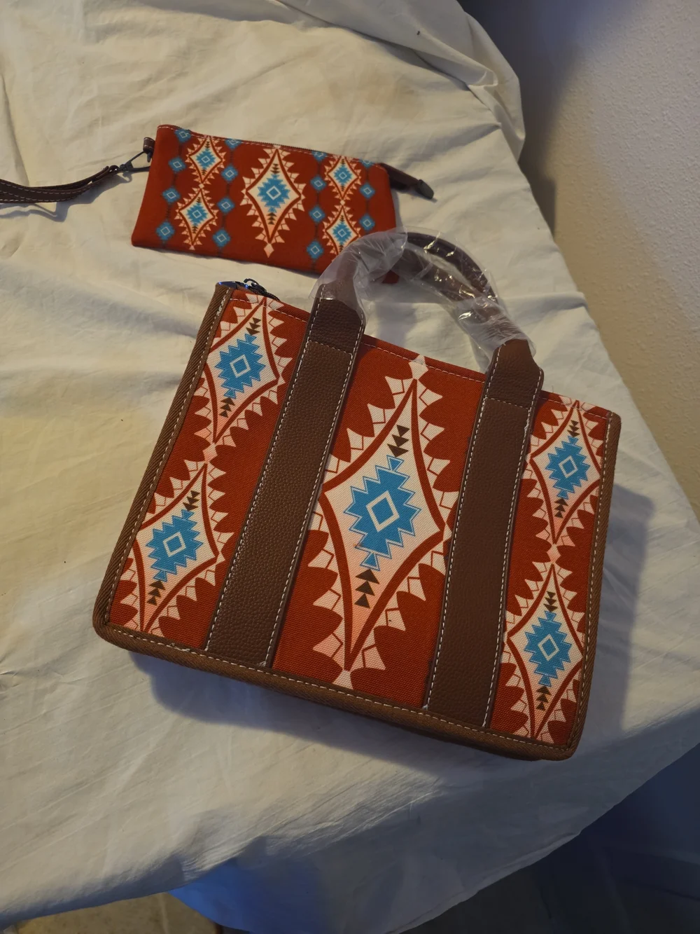Red Aztec-Print Tote Bag with Brown Trim